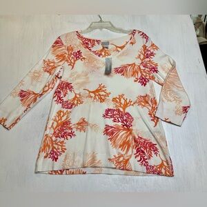 NWT Chico’s Pima Cotton Coral Print V-Neck Top 3/4 Sleeve Size 1 (M) Alabaster